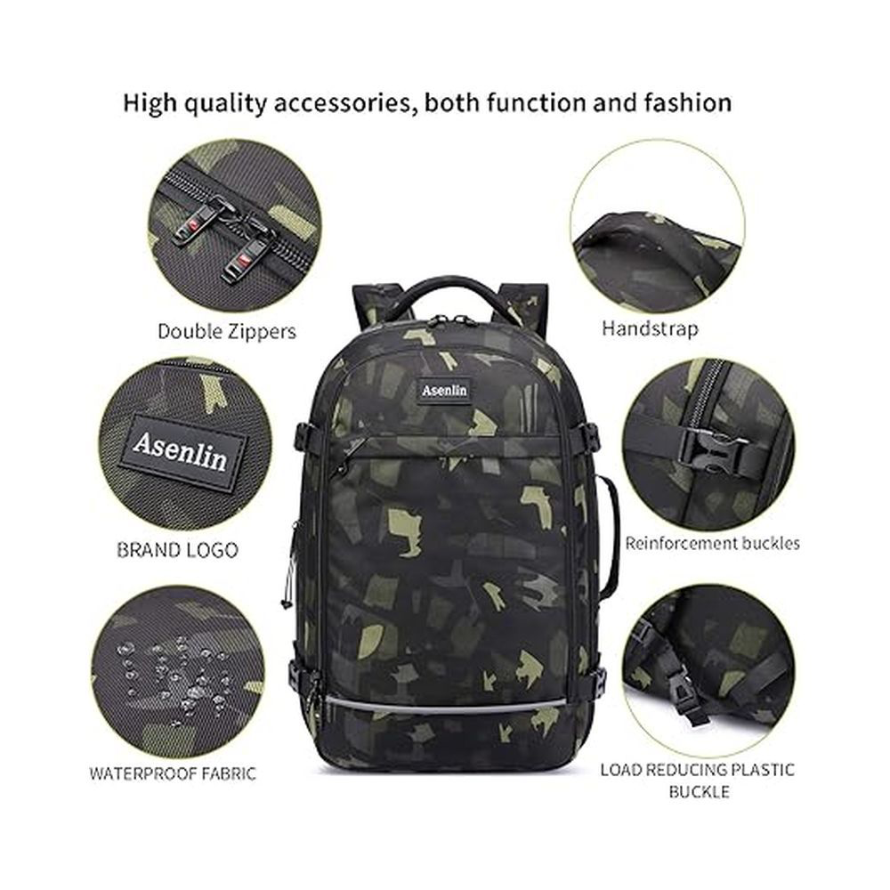 Asenlin 40L Travel Backpack for Women Men，17 Inch Laptop Backpack Flight Approved Luggage Carry On Water Resistant Computer Backpack for Weekender Overnight Large Daypack Woodland Camo
