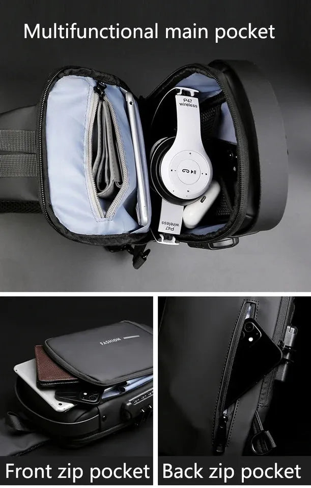 Fashion Men Sling Bag Pack with Lock Waterproof -Theft Chest Bag with USB Charging Port Shoulder Bag Body Backpack
